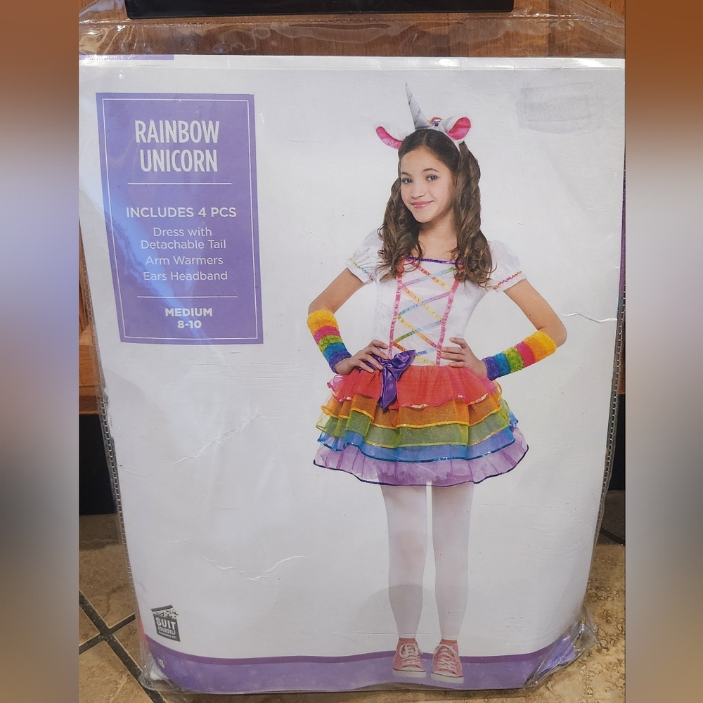 Rainbow Unicorn Costume Kids Girls Halloween Dress Up Size Medium 8-10 YRS *NEW*